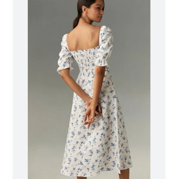 NWOT Reformation Marbella Blue Floral Smocked Puff Sleeve Midi Dress Medium - Picture 5 of 12